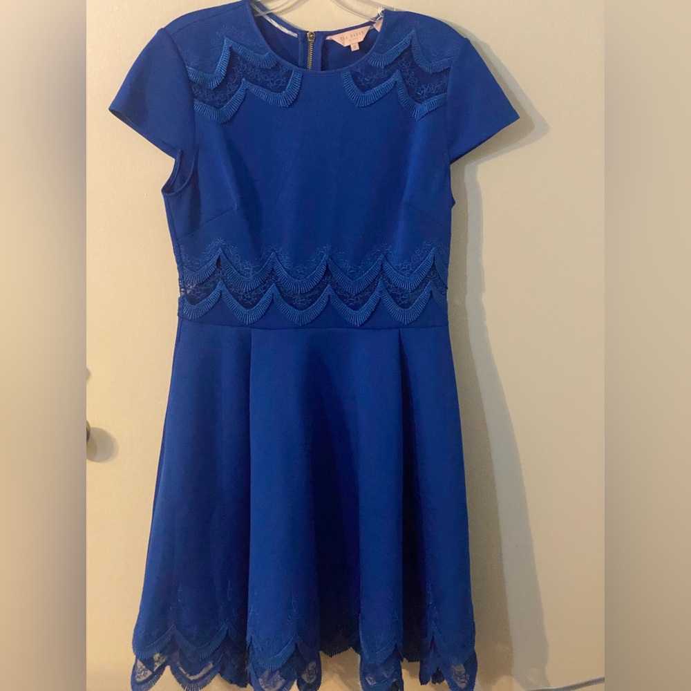 Ted Baker Rehanna Dress Womens Size 3 Blue Lace Scalloped Hem Fit Flare Dress